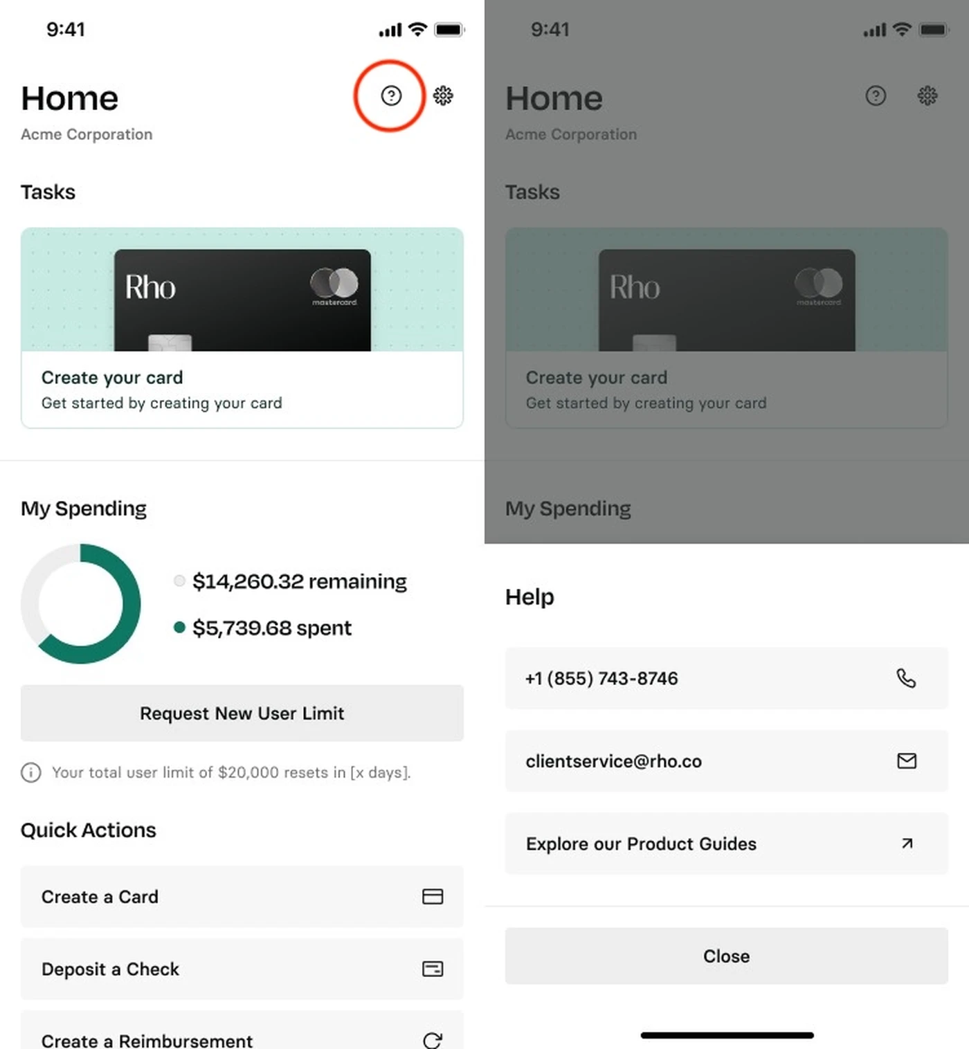 Mobile banking app interface showing account balance, spending chart, tasks, quick actions, and contact options for help.