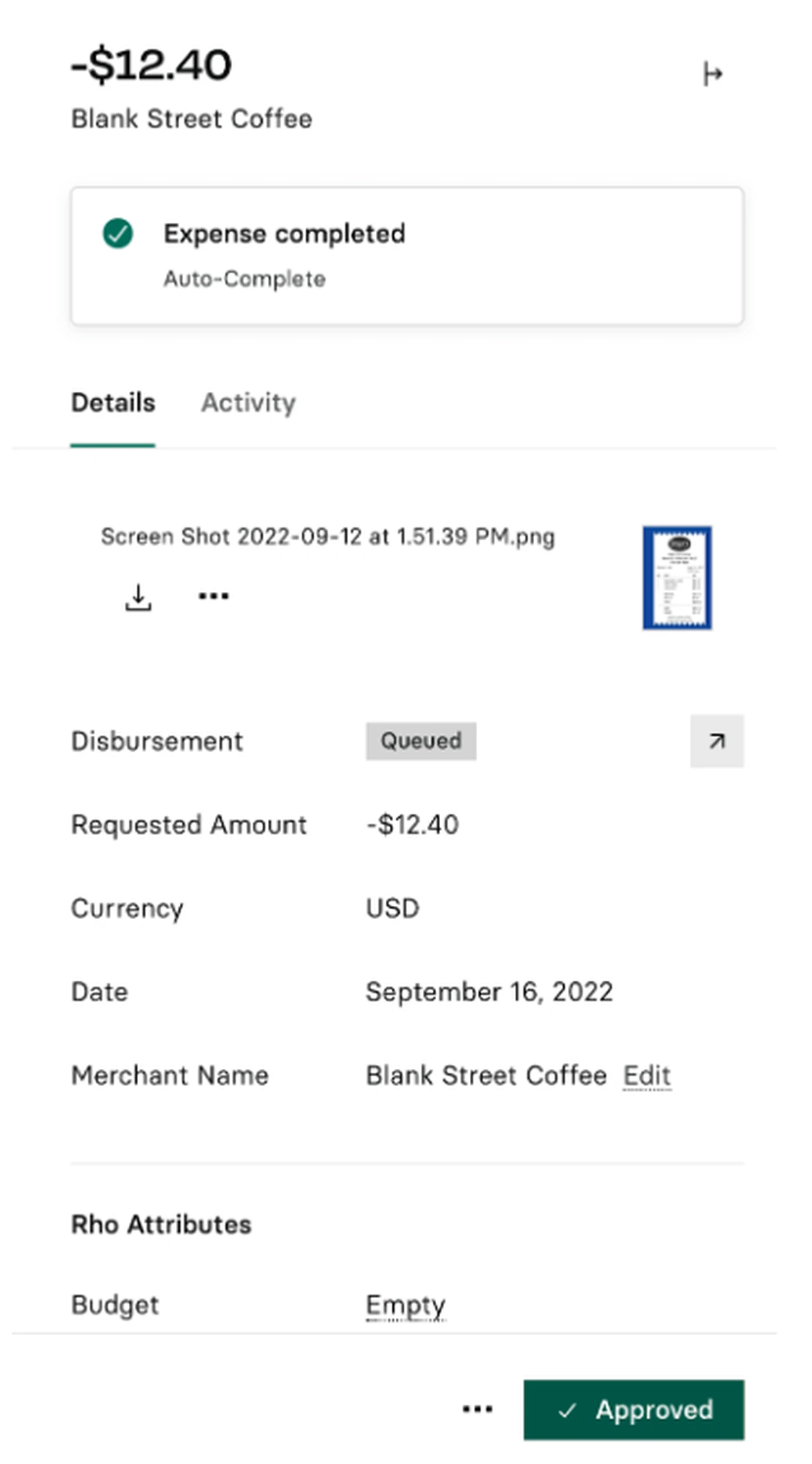 Expense report showing a completed transaction of -$12.40 at Blank Street Coffee on September 16, 2022. Status: Approved.