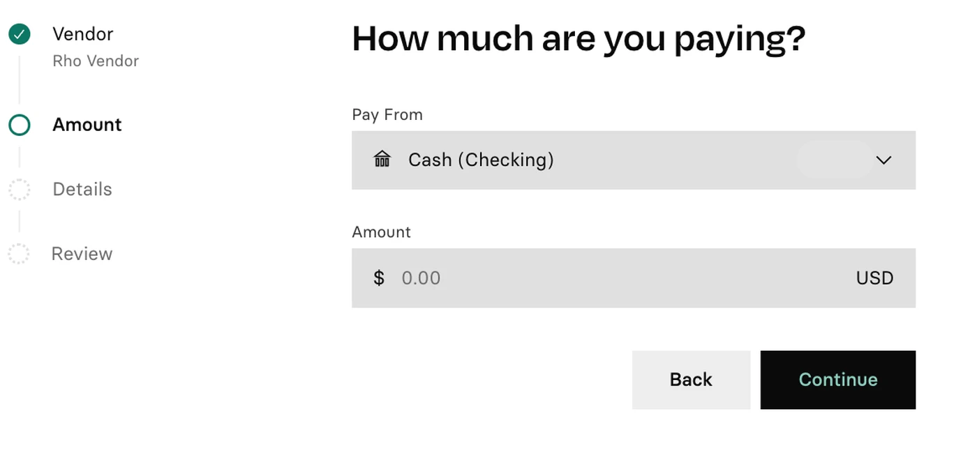 Payment interface showing vendor 'Rho Vendor,' with payment method as 'Cash (Checking)' and amount set to $0.00 USD. 'Back' and 'Continue' buttons.