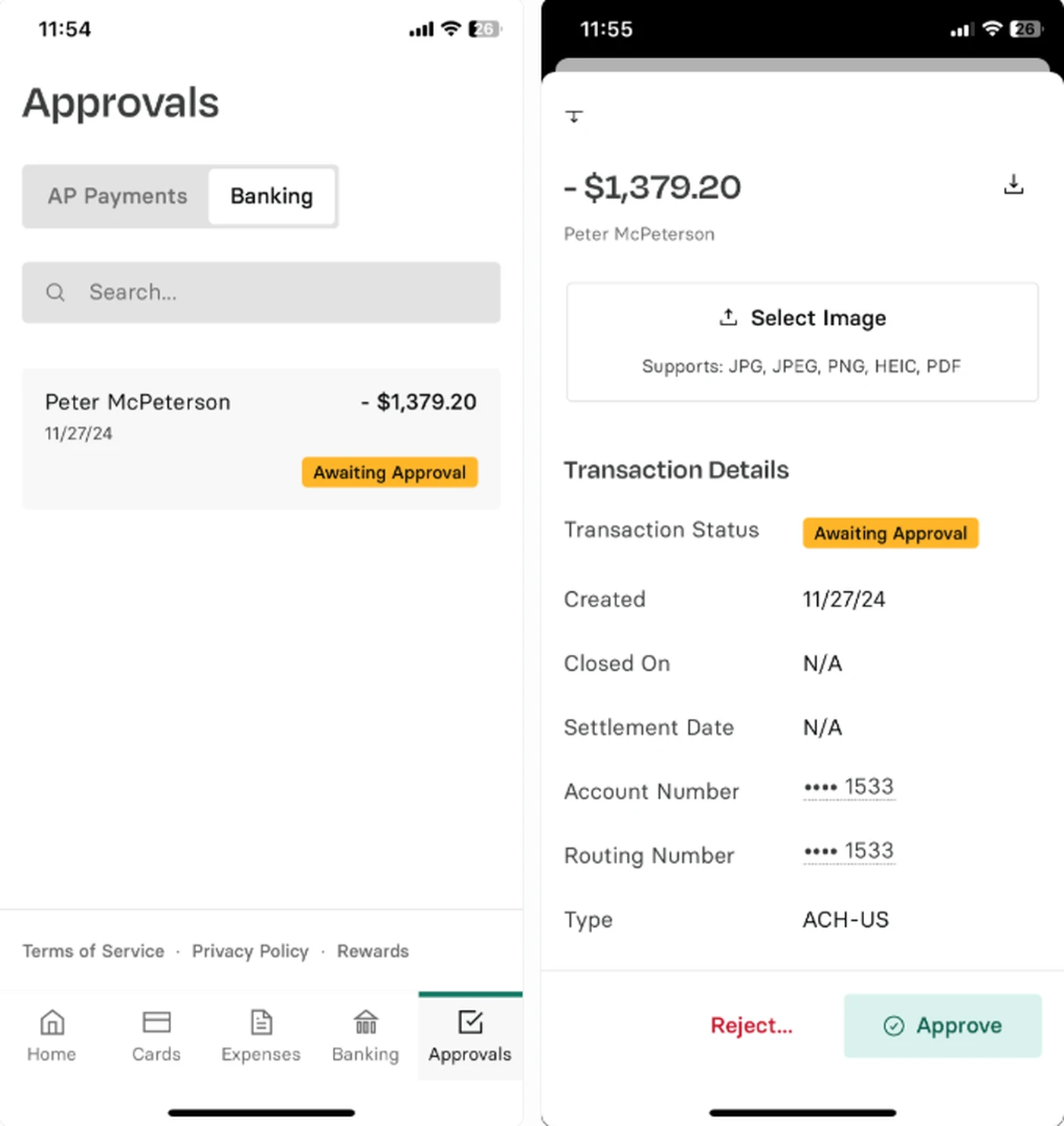 Mobile app screen showing a banking approval request for $1,379.20, awaiting approval. Options to reject or approve are available.