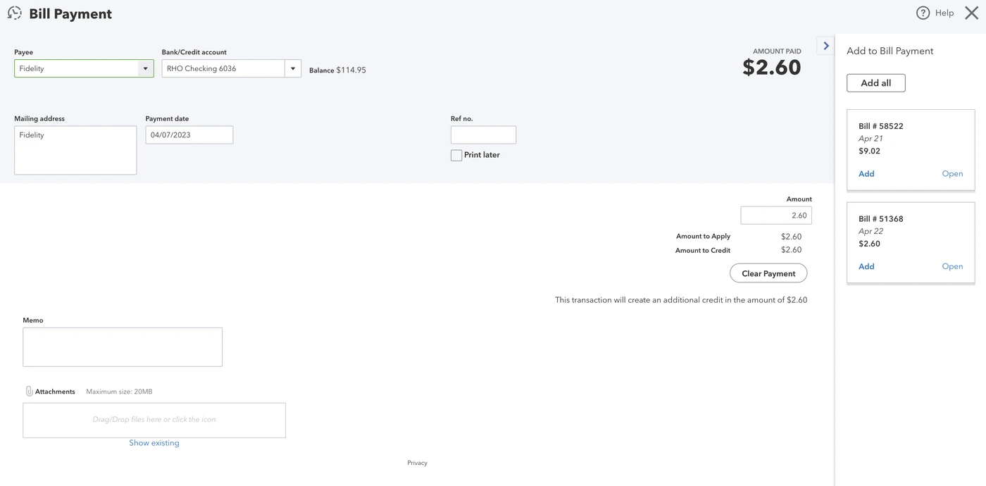 Screenshot of a bill payment interface showing a $2.60 amount, payer details, and options to add bills and apply credits.
