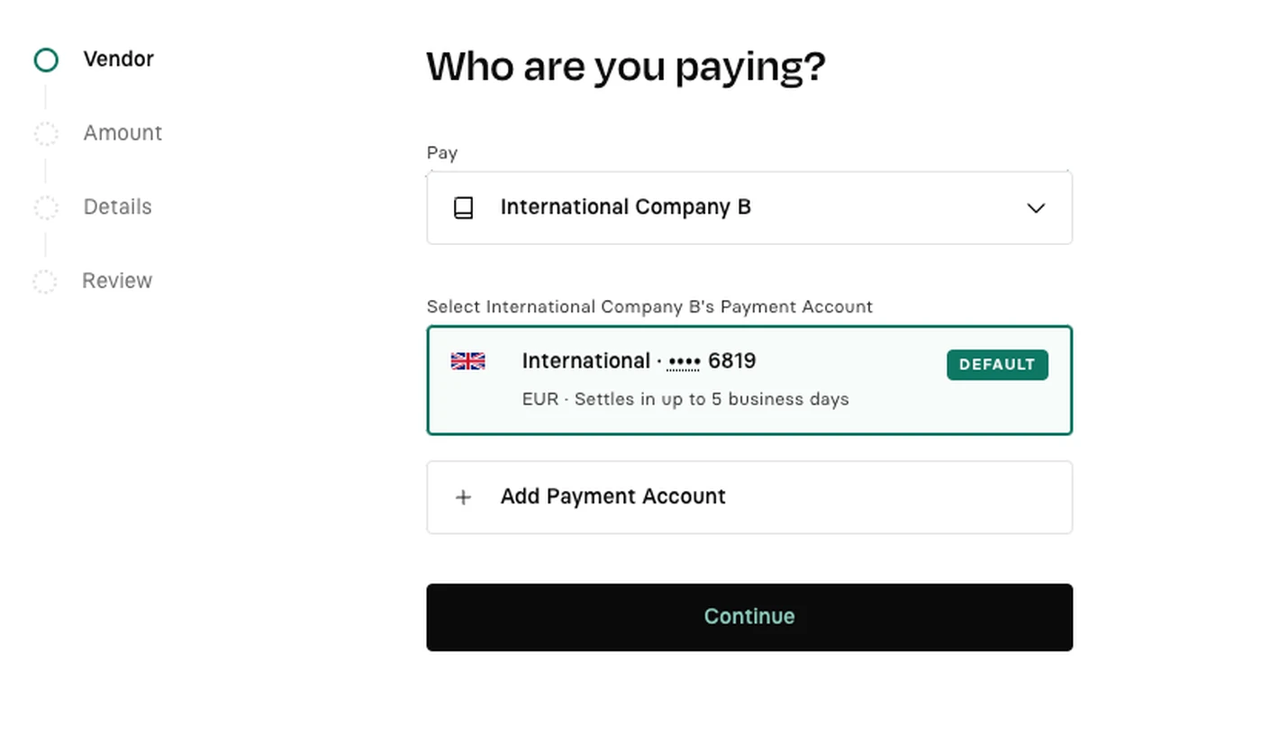Payment interface showing selection of "International Company B" with a default account ending in 6819. Options to add account or continue.