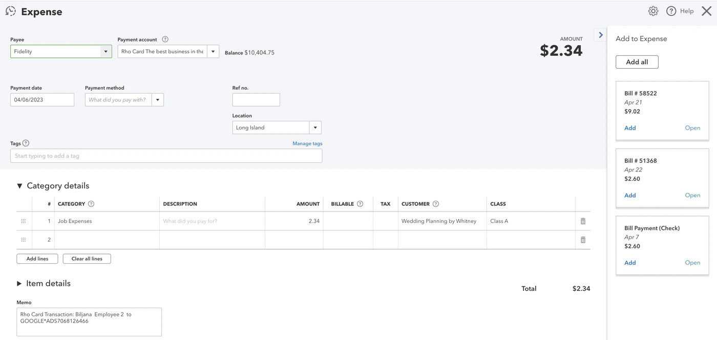 Screenshot of an expense entry form showing payment details, category details, and item details, with a total amount of $2.34.