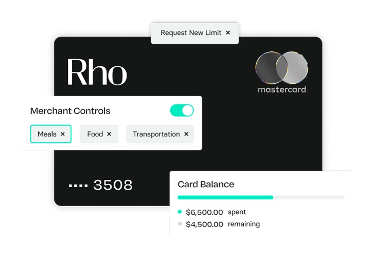 A digital interface showing a Rho Mastercard with options for merchant controls, card balance, and a button to request a new limit.