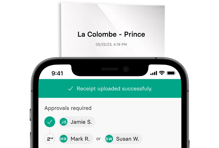 Smartphone screen showing a receipt upload confirmation for La Colombe - Prince, with approval options from Jamie S., Mark R., and Susan W.