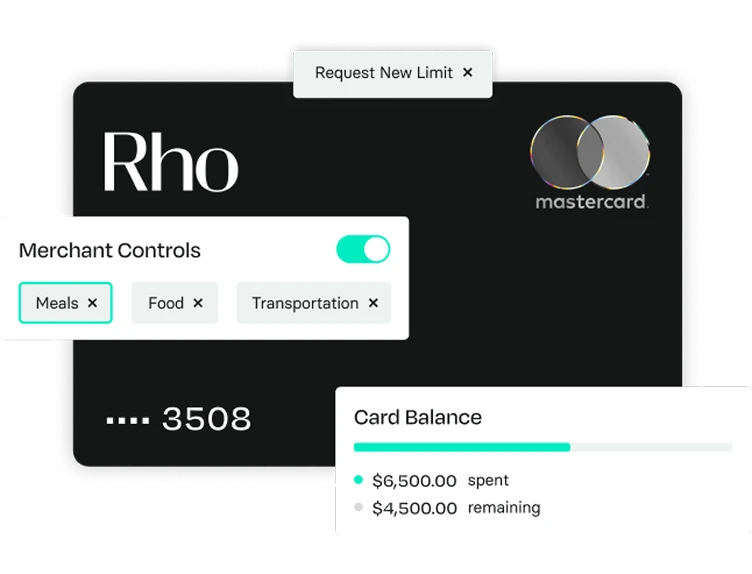 Black Rho Mastercard with controls for spending categories and card balance showing $6,500 spent and $4,500 remaining.