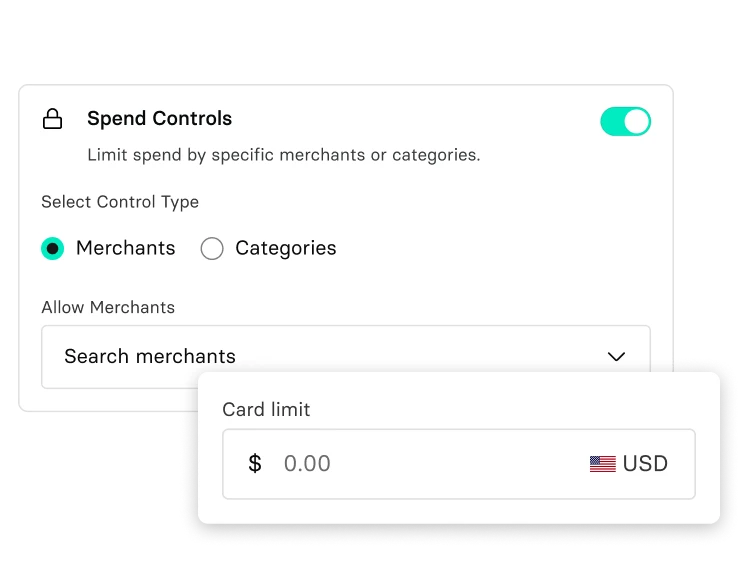 User interface showing spend controls for limiting expenses by merchants or categories, with options to search merchants and set a card limit in USD.