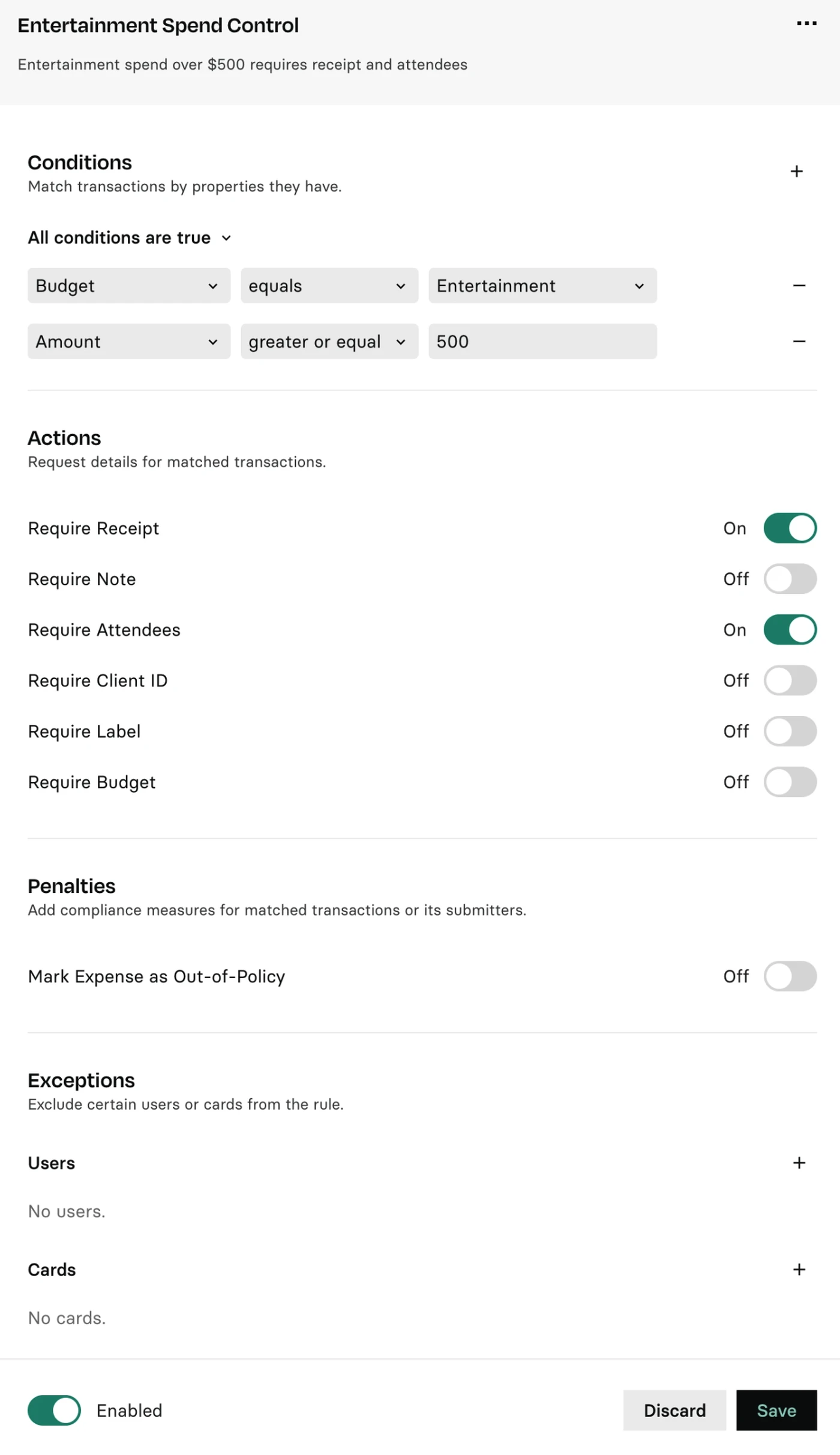 Settings panel for entertainment spend control with conditions, actions, penalties, exceptions, and toggle switches for various options.