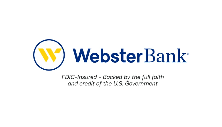 Webster Bank logo with yellow "W" icon. Text below states "FDIC-Insured - Backed by the full faith and credit of the U.S. Government."