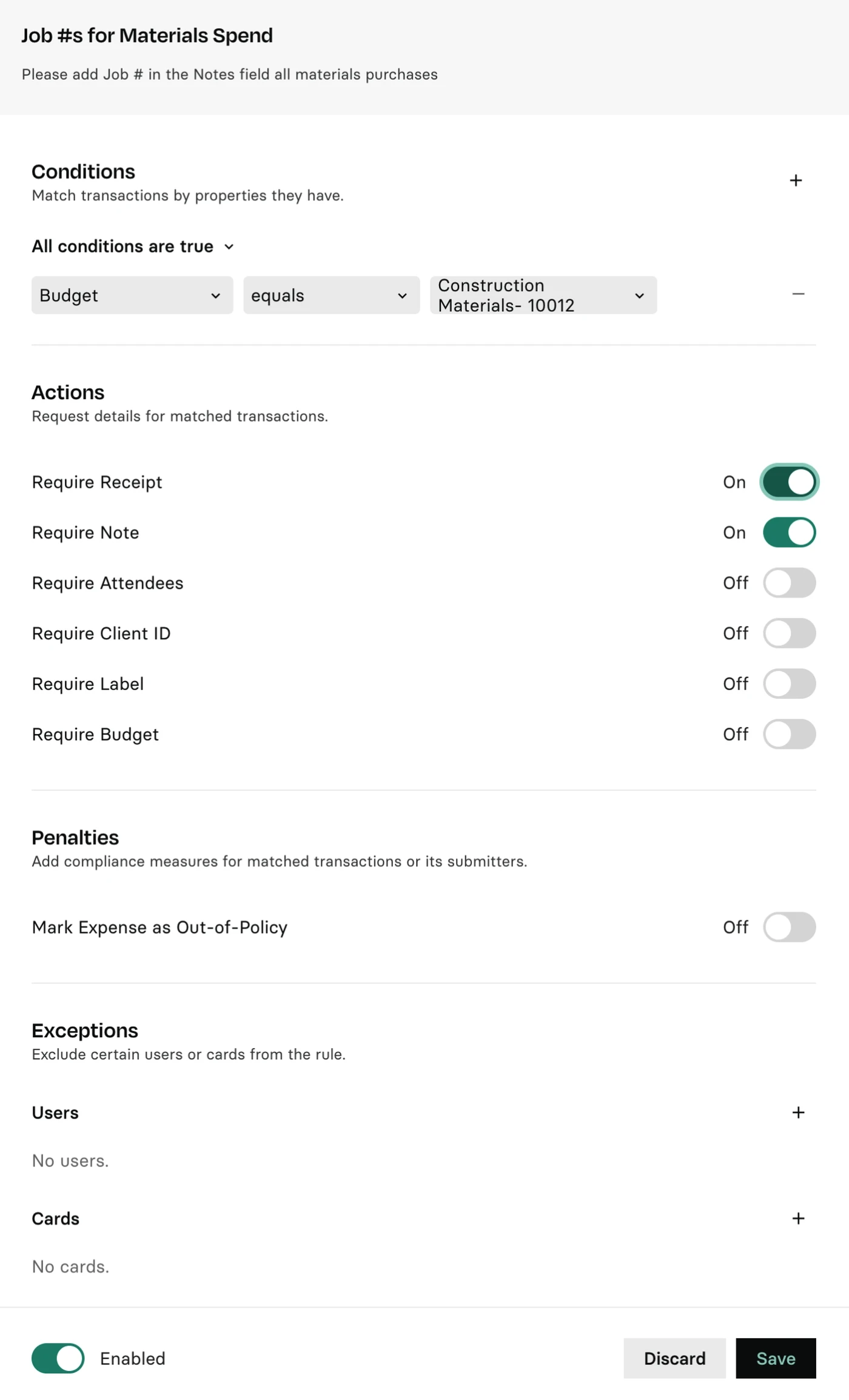 Settings interface for materials spend with toggles for receipt, note, attendees, client ID, label, and budget. Options for penalties and exceptions.