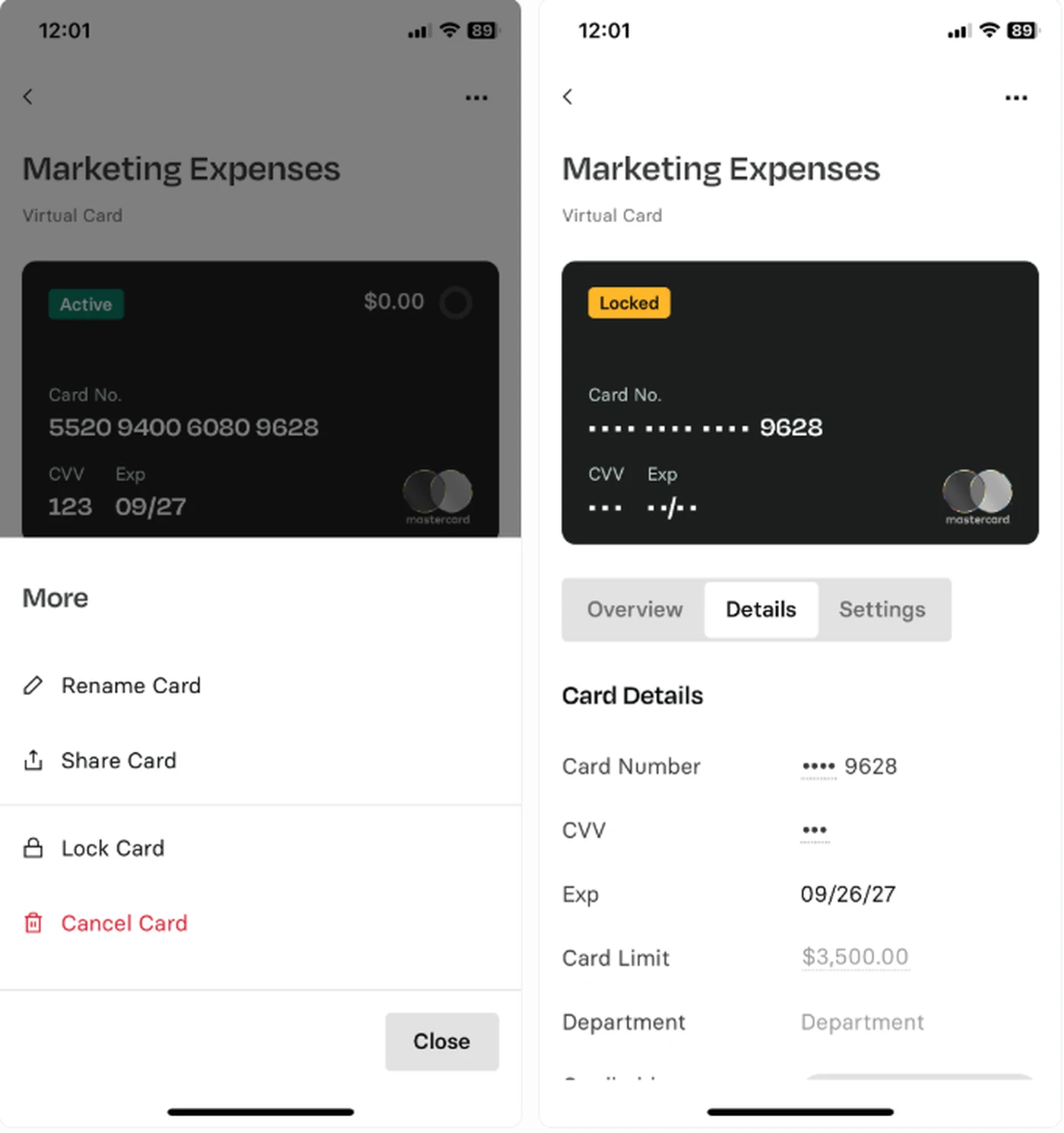 Two screenshots of a virtual card app. Left shows card options; right displays card details with a locked status and partial card info.