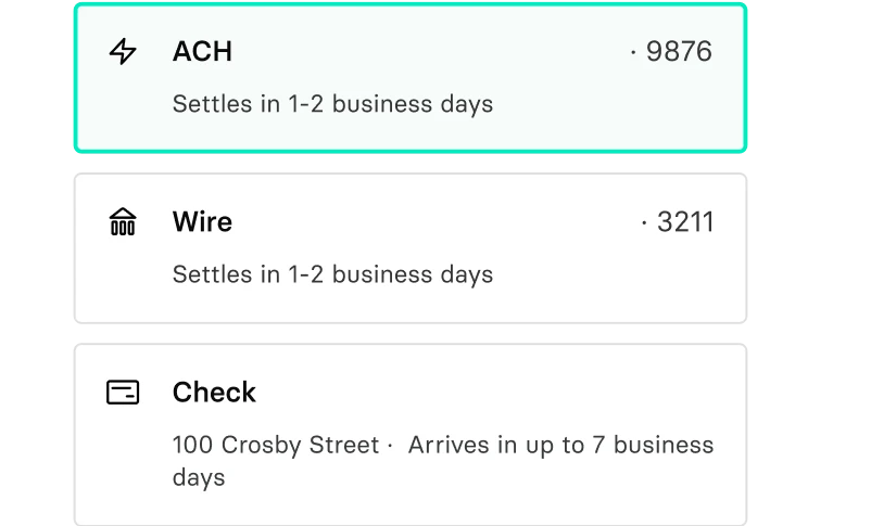Payment options: ACH (9876) and Wire (3211) settle in 1-2 days; Check to 100 Crosby Street settles in up to 7 days.