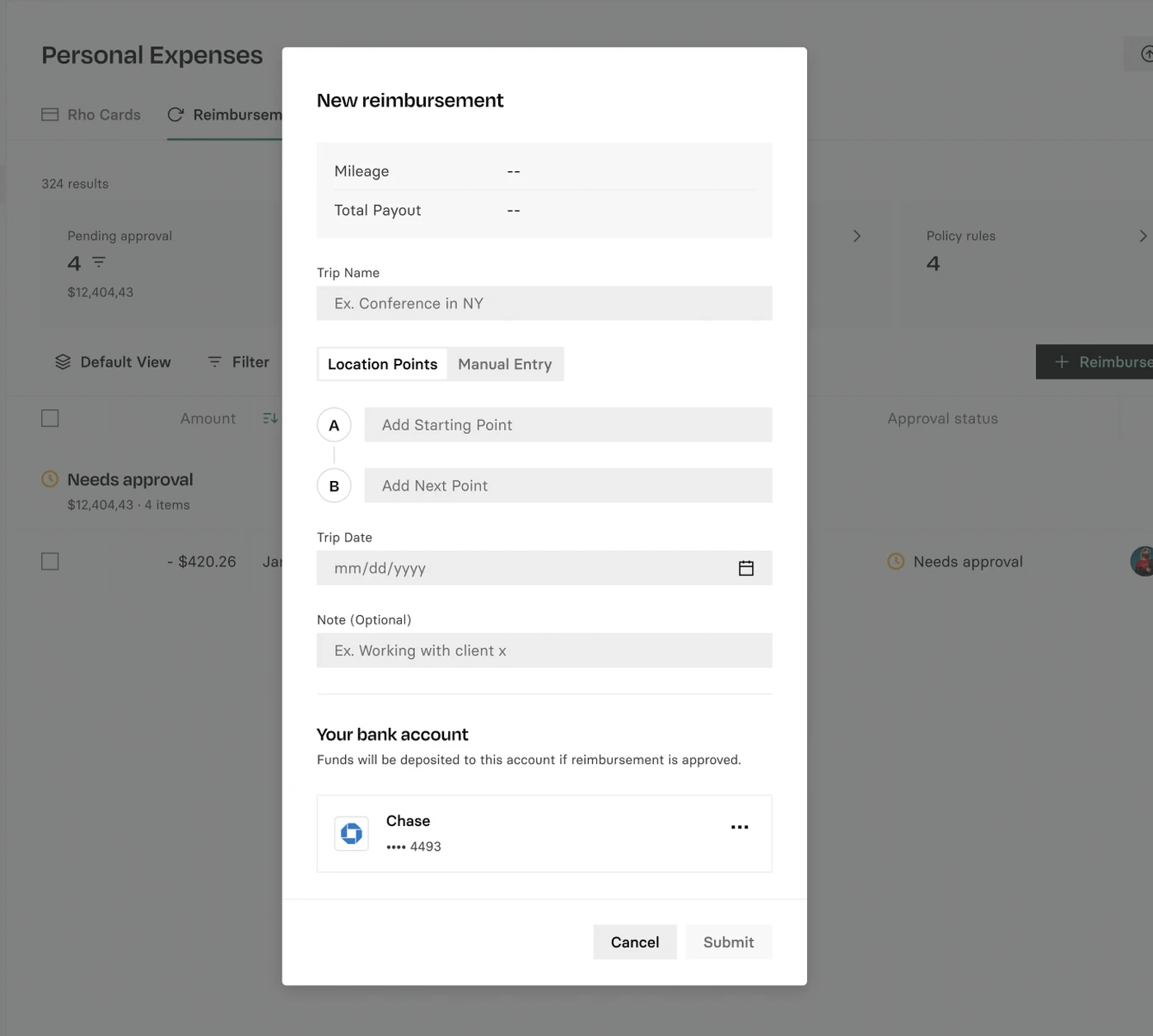 Form for new reimbursement entry with fields for mileage, payout, location points, trip date, and bank account details. Options to cancel or submit.