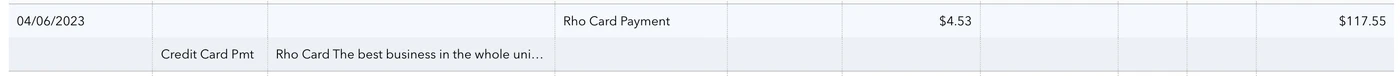A table showing a transaction dated 02/02/2023 for a credit card fee. The amount is $10.00, with a balance of $111.11.
