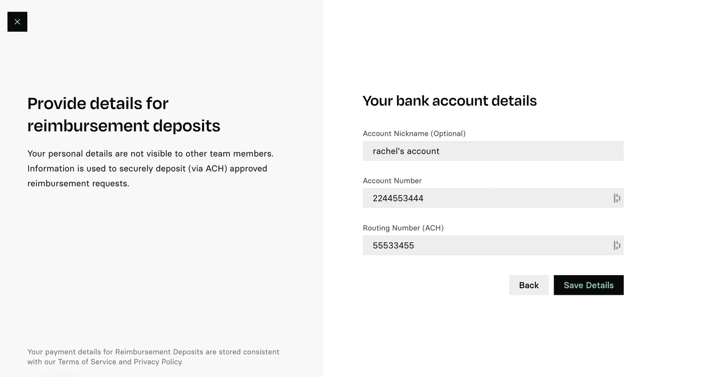 Form for reimbursement deposits with fields for account nickname, account number, and routing number. Options to go back or save details.