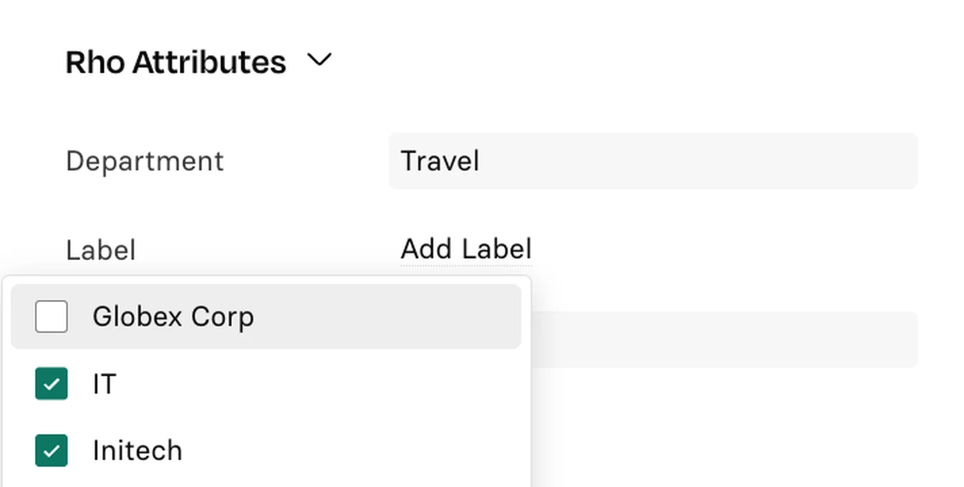 Dropdown menu showing selected options: "Globex Corp," "IT," and "Initech," under "Rho Attributes" with "Travel" as the department.