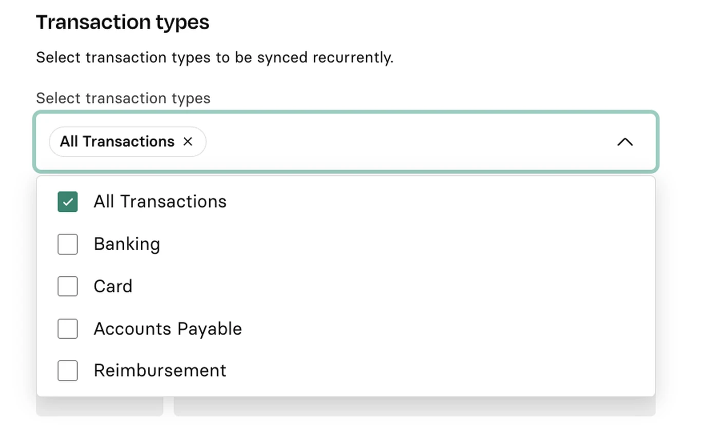 Dropdown menu for selecting transaction types, showing options: All Transactions, Banking, Card, Accounts Payable, and Reimbursement.