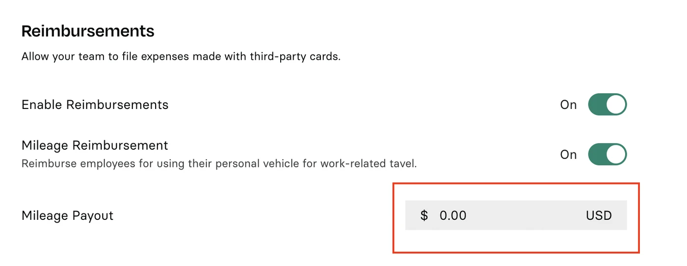 Settings page showing reimbursement options with toggles enabled. Mileage payout is set to $0.00 USD.
