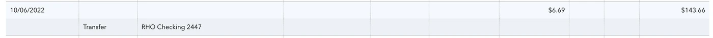 A table with a date "10/02/2022," a transaction labeled "Transfer," and amounts "$0.49" and "$0.00."