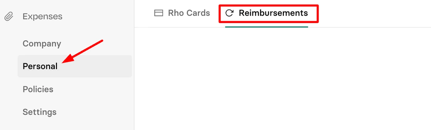 A webpage interface showing a sidebar menu with "Personal" highlighted and "Reimbursements" selected at the top.