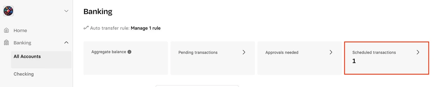 Banking dashboard showing navigation tabs: Aggregate Balance, Pending Transactions, Approvals Needed, and Scheduled Transactions with a count of 1.
