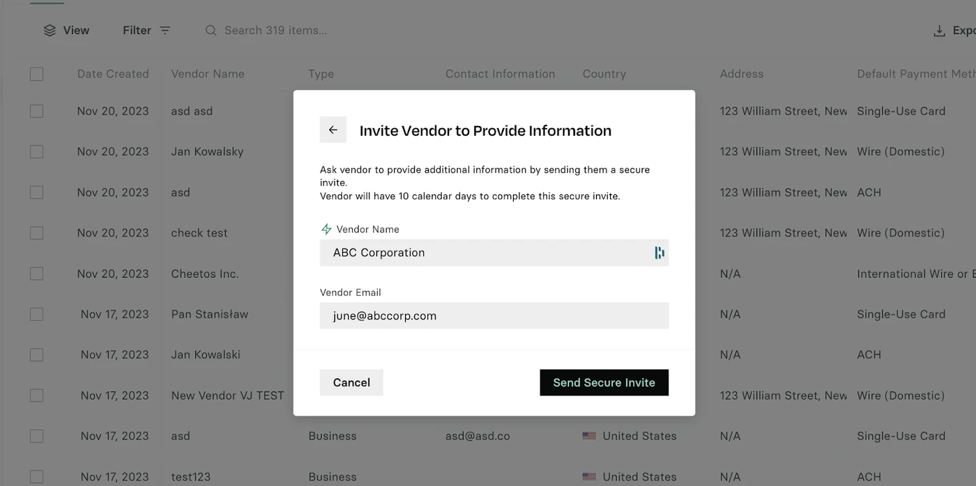 Popup window titled "Invite Vendor to Provide Information" with fields for vendor name and email. Options to cancel or send a secure invite.