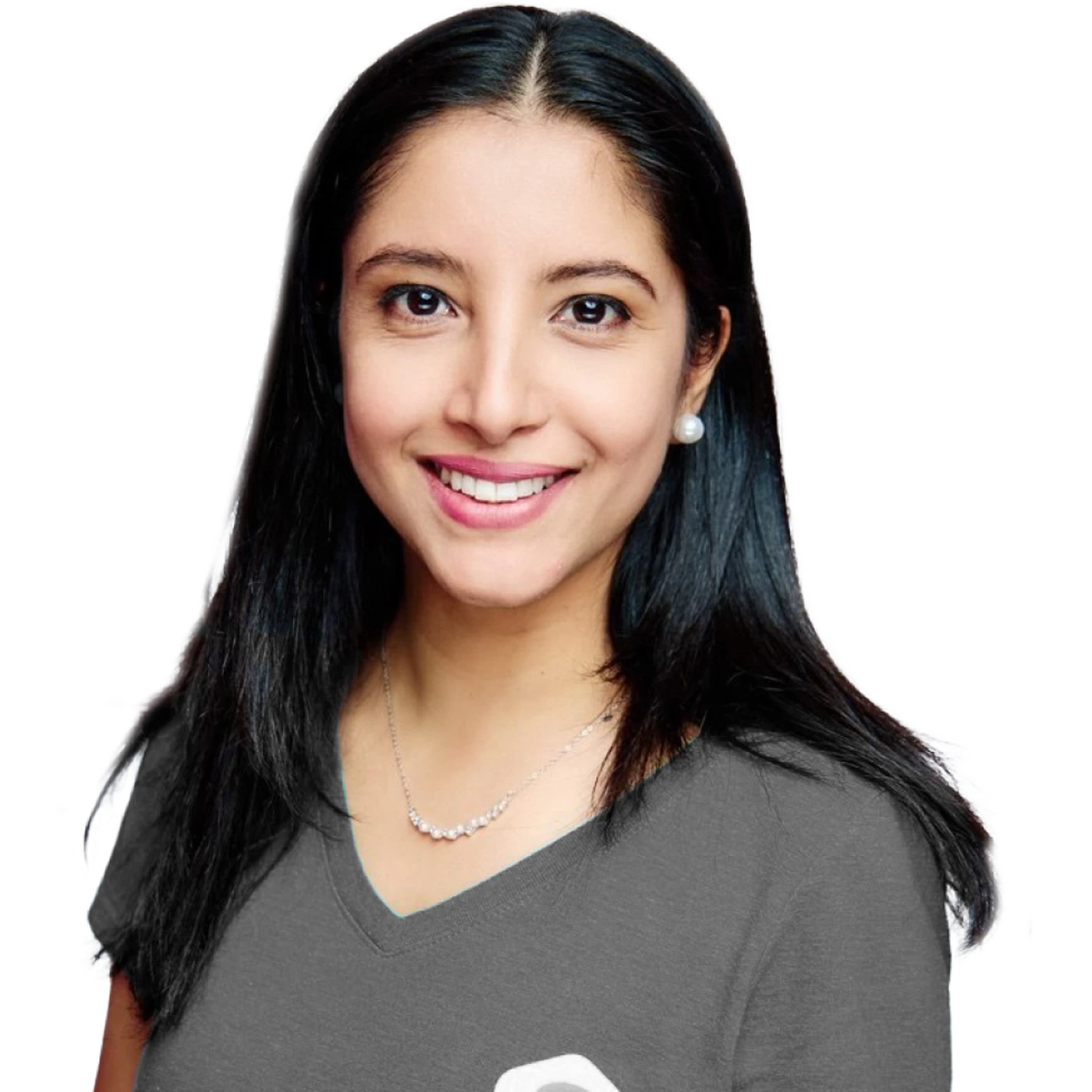 Smiling woman with long dark hair, wearing a gray shirt and a pearl necklace, against a plain white background.