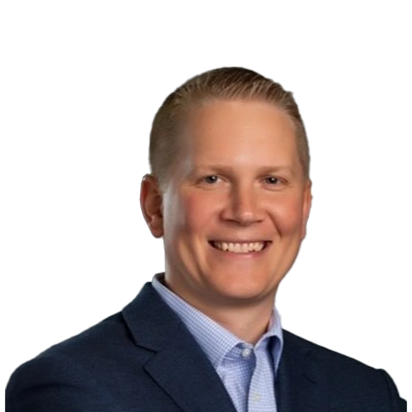 Smiling man in a blue suit and light blue shirt, with short blonde hair, against a plain white background.