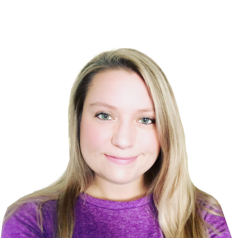 Smiling woman with long blonde hair wearing a purple top, against a white background.