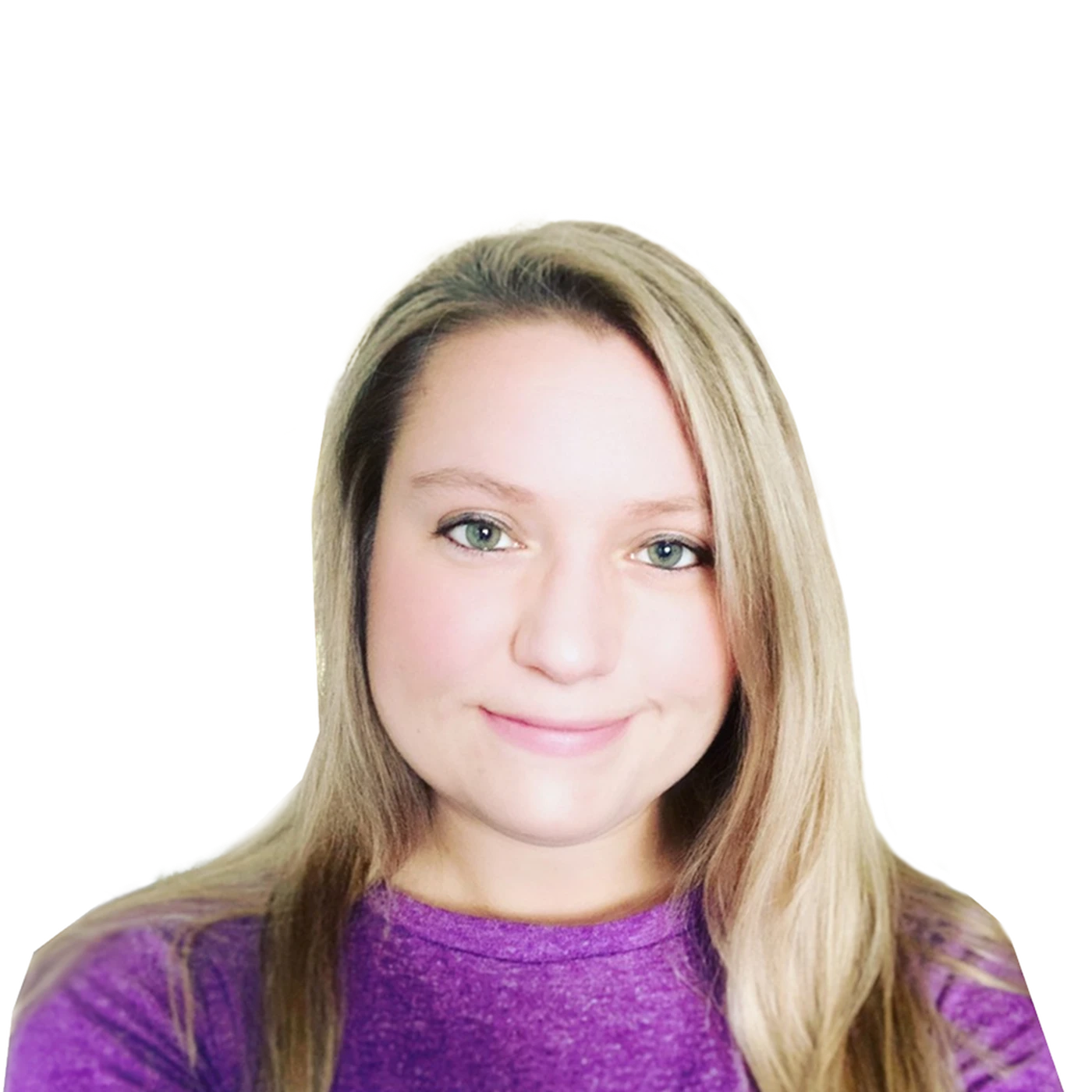 Smiling woman with long blonde hair wearing a purple top, against a white background.