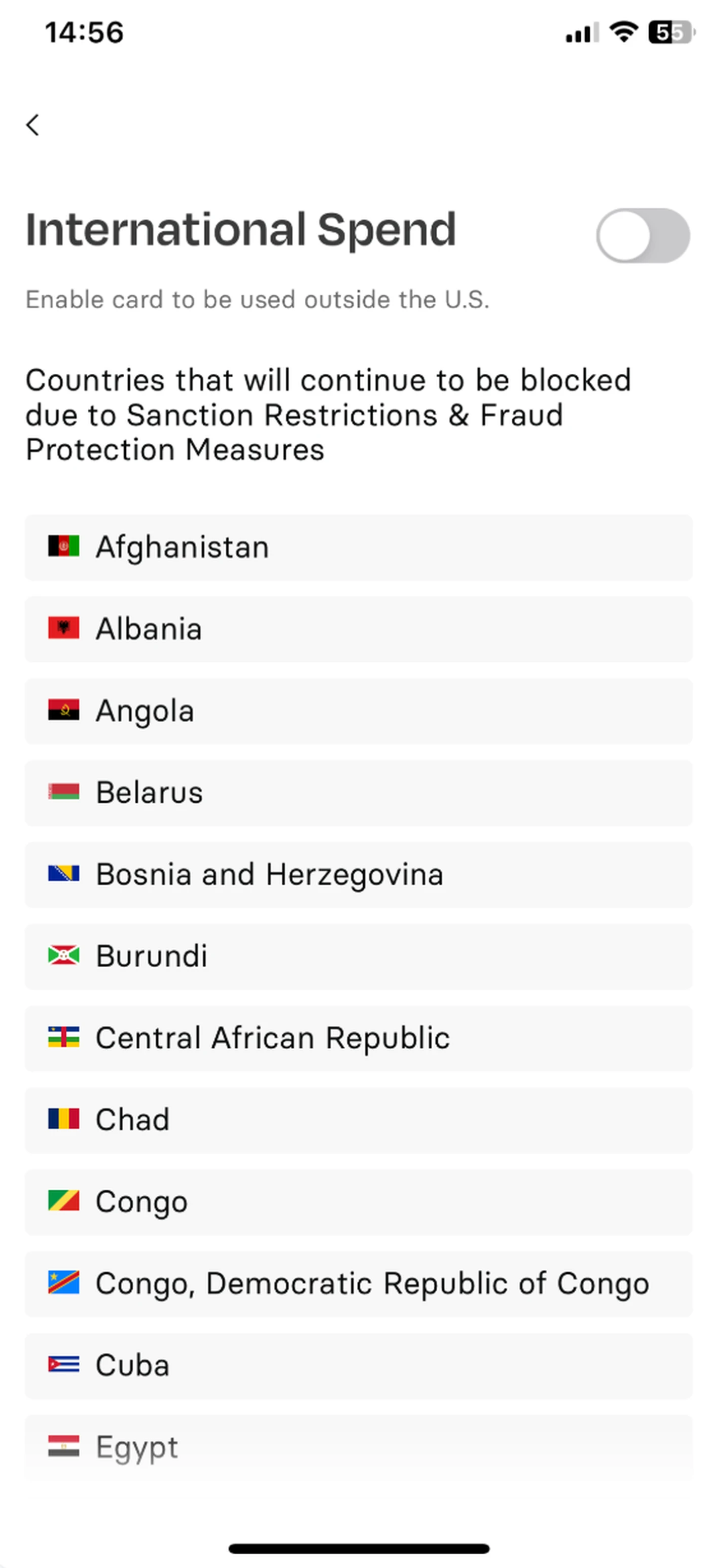 List of countries blocked for international spending due to sanctions and fraud protection, with toggle switch for enabling card use outside the U.S.