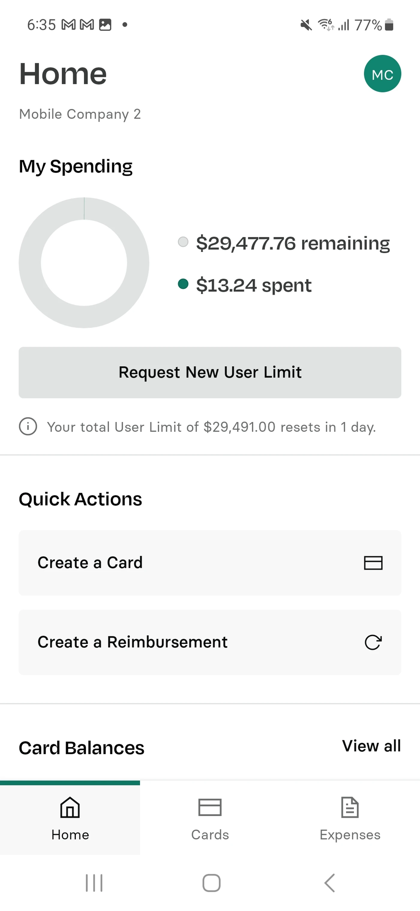 Mobile app screen showing spending summary with $13.24 spent, $29,477.76 remaining, and options for creating a card or reimbursement.