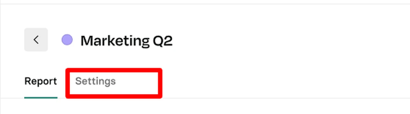 Interface showing "Marketing Q2" with highlighted "Settings" tab in red.