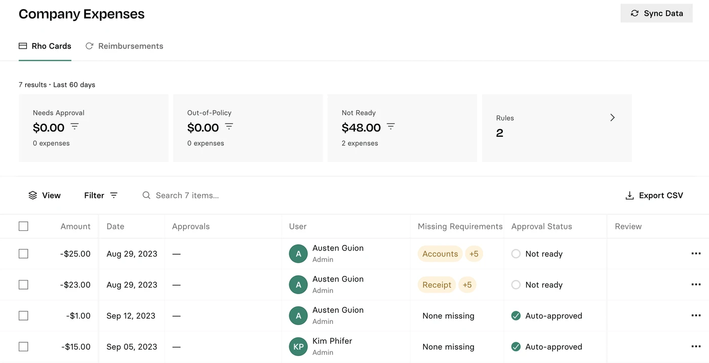 A table displaying company expenses with columns for date, approvals, and status. Two entries show amounts, dates, and approval details.