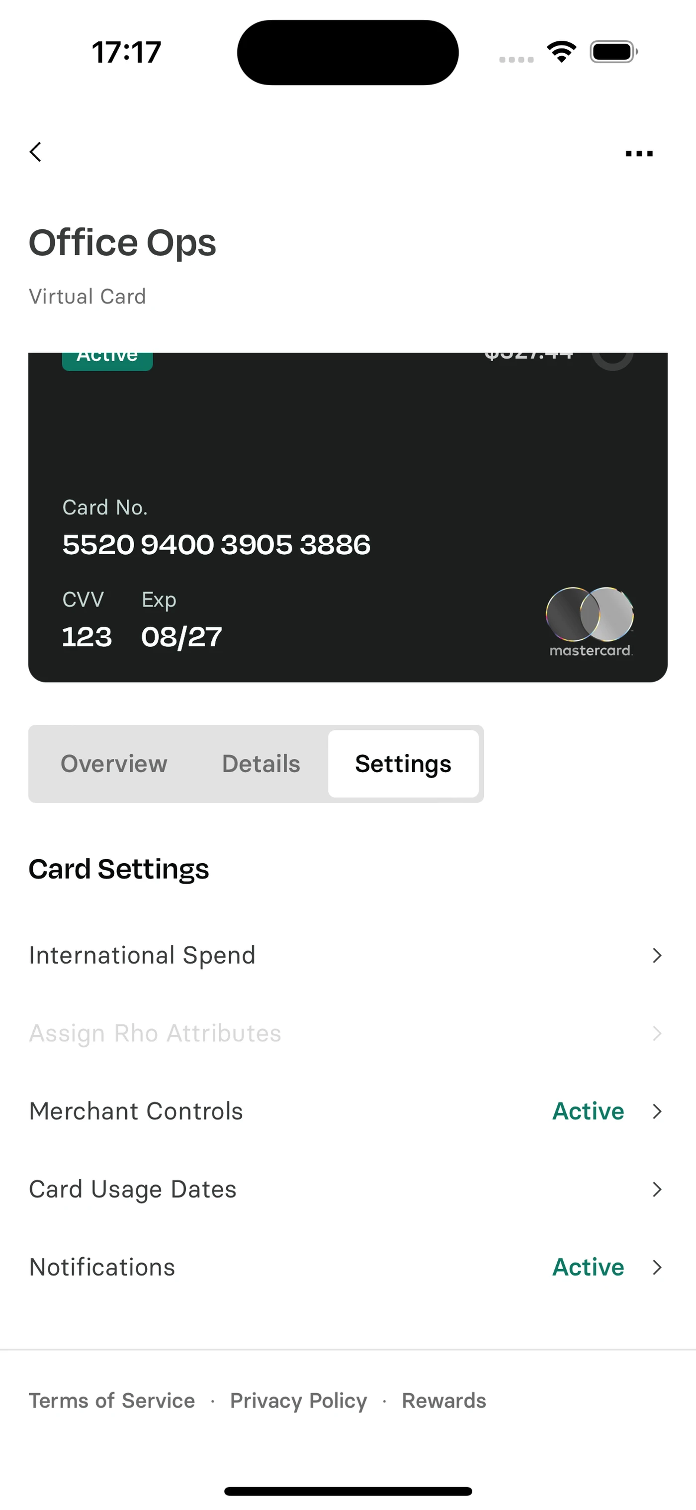 Screenshot of a virtual card interface showing card details, settings options, and active status indicators for various controls.