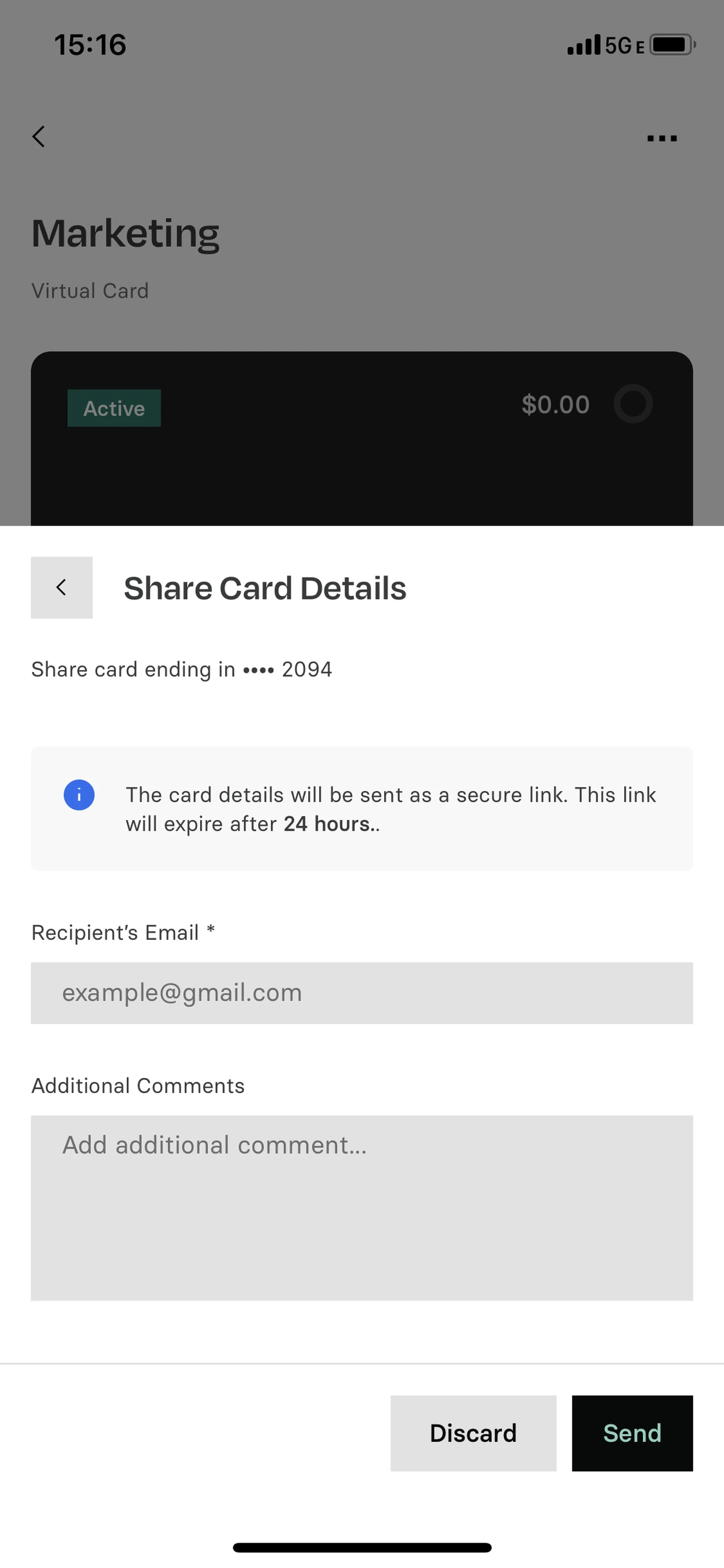 Mobile screen showing a virtual card sharing interface with options to enter recipient's email and additional comments, and buttons to discard or send.