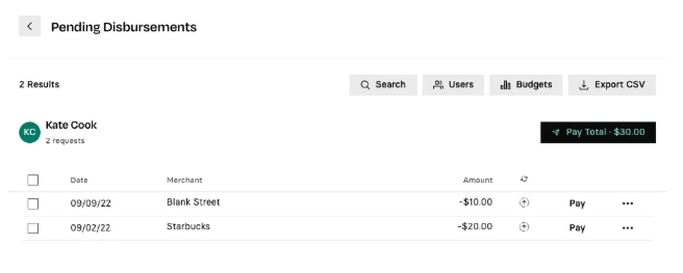 Pending disbursements list showing two transactions: Blank Street for $10 and Starbucks for $20, with a total of $30 to pay.