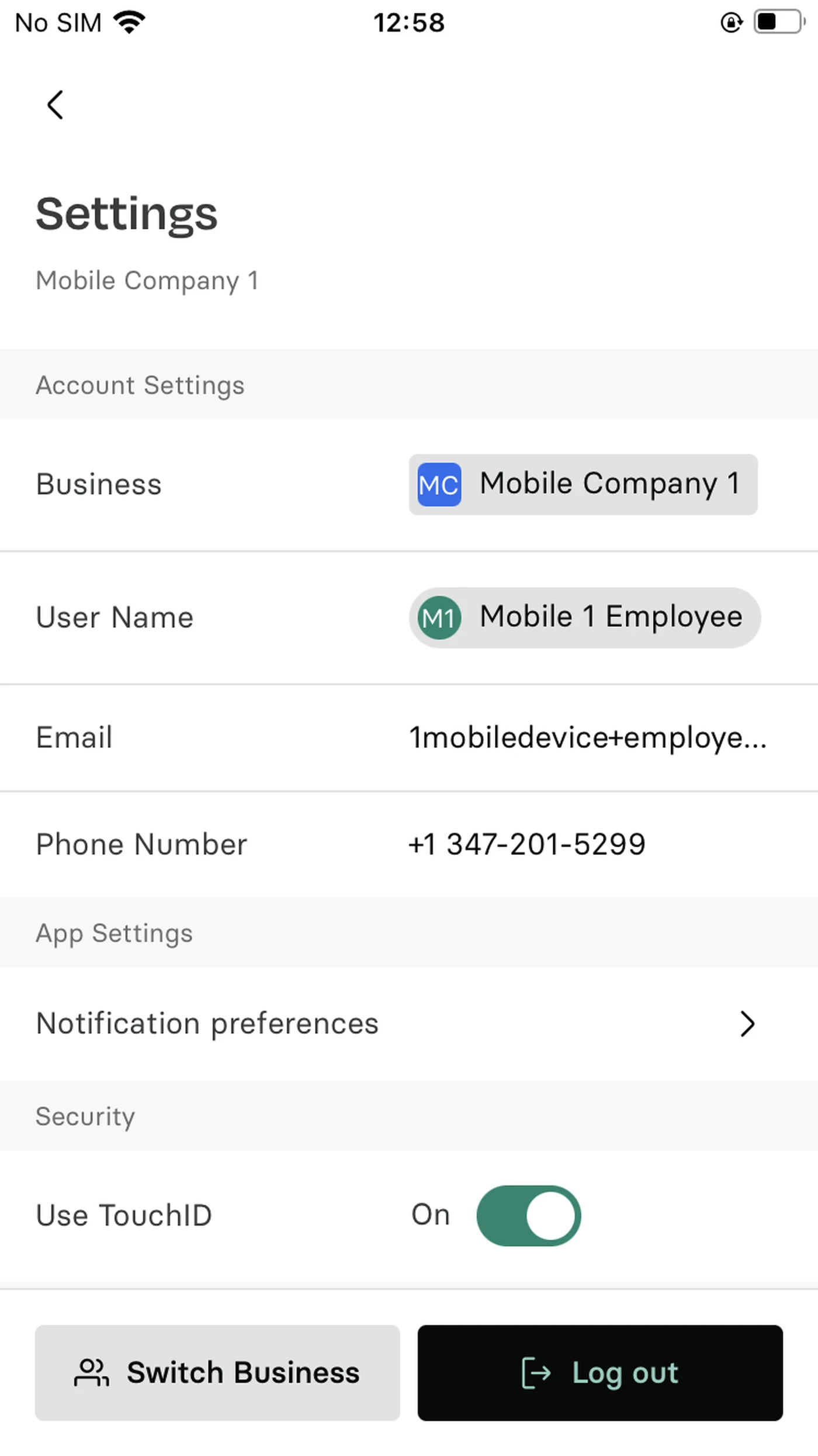 Settings screen displaying account details, including business name, user email, phone number, and security options like TouchID toggle.