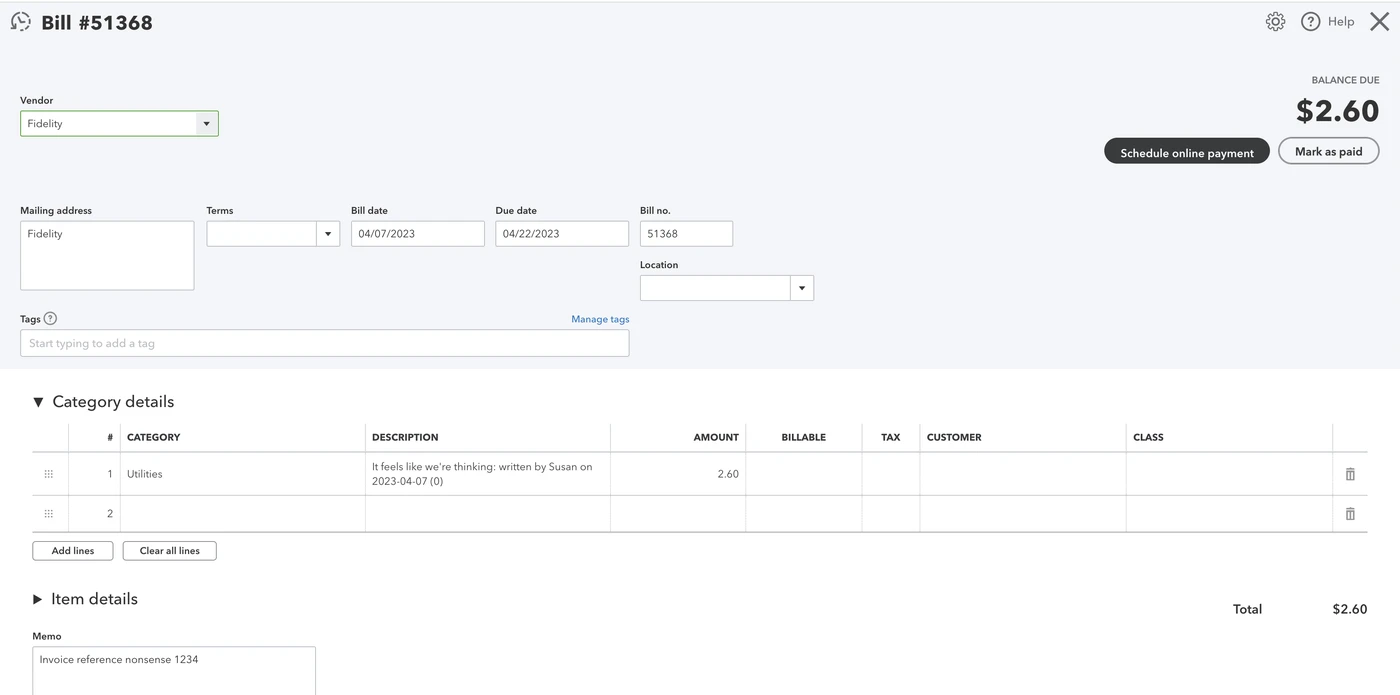 Screenshot of a bill interface showing vendor "Fabrily," balance due $2.60, and item details with categories, descriptions, and amounts.