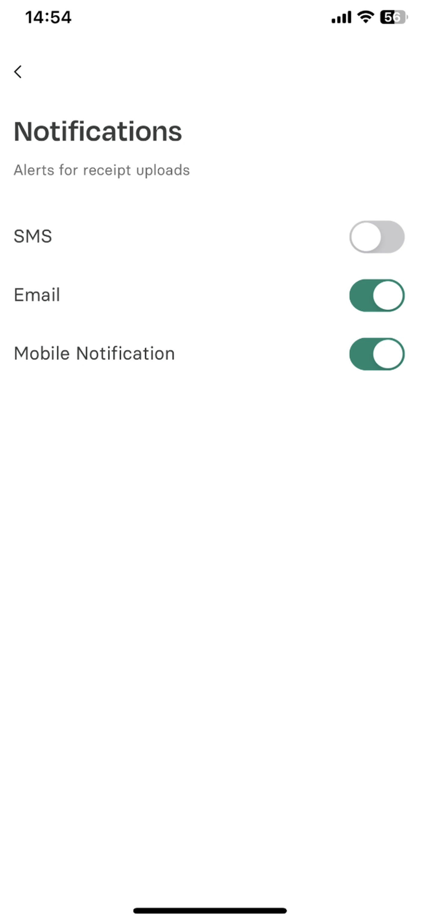 Settings screen showing notification options for SMS (off), Email (on), and Mobile Notification (on) with toggle switches.