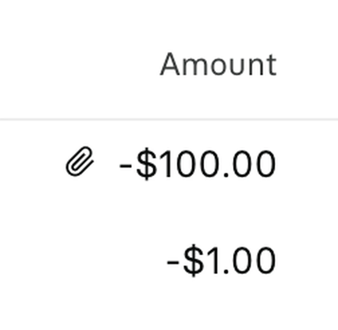 A financial statement showing two deductions: $100.00 and $1.00, with a paperclip icon next to the $100.00 amount.