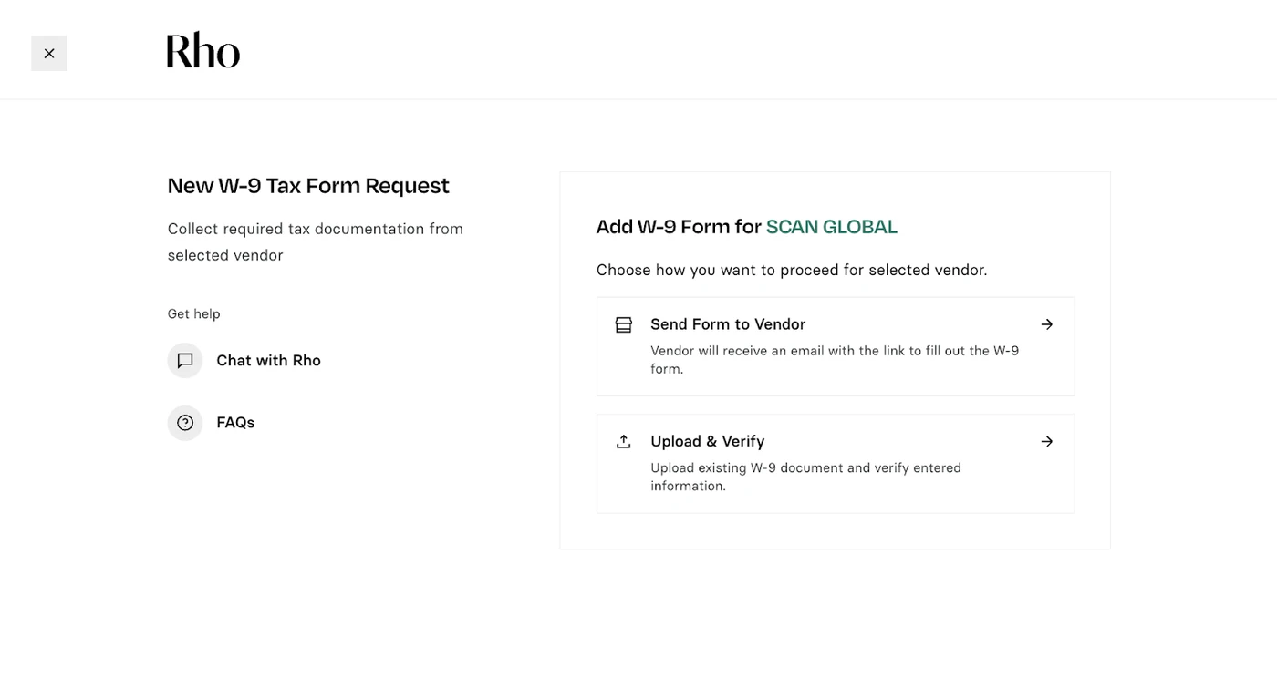 Screenshot of a webpage titled "New W-9 Tax Form Request" with options to send a form to a vendor or upload and verify a W-9 document.