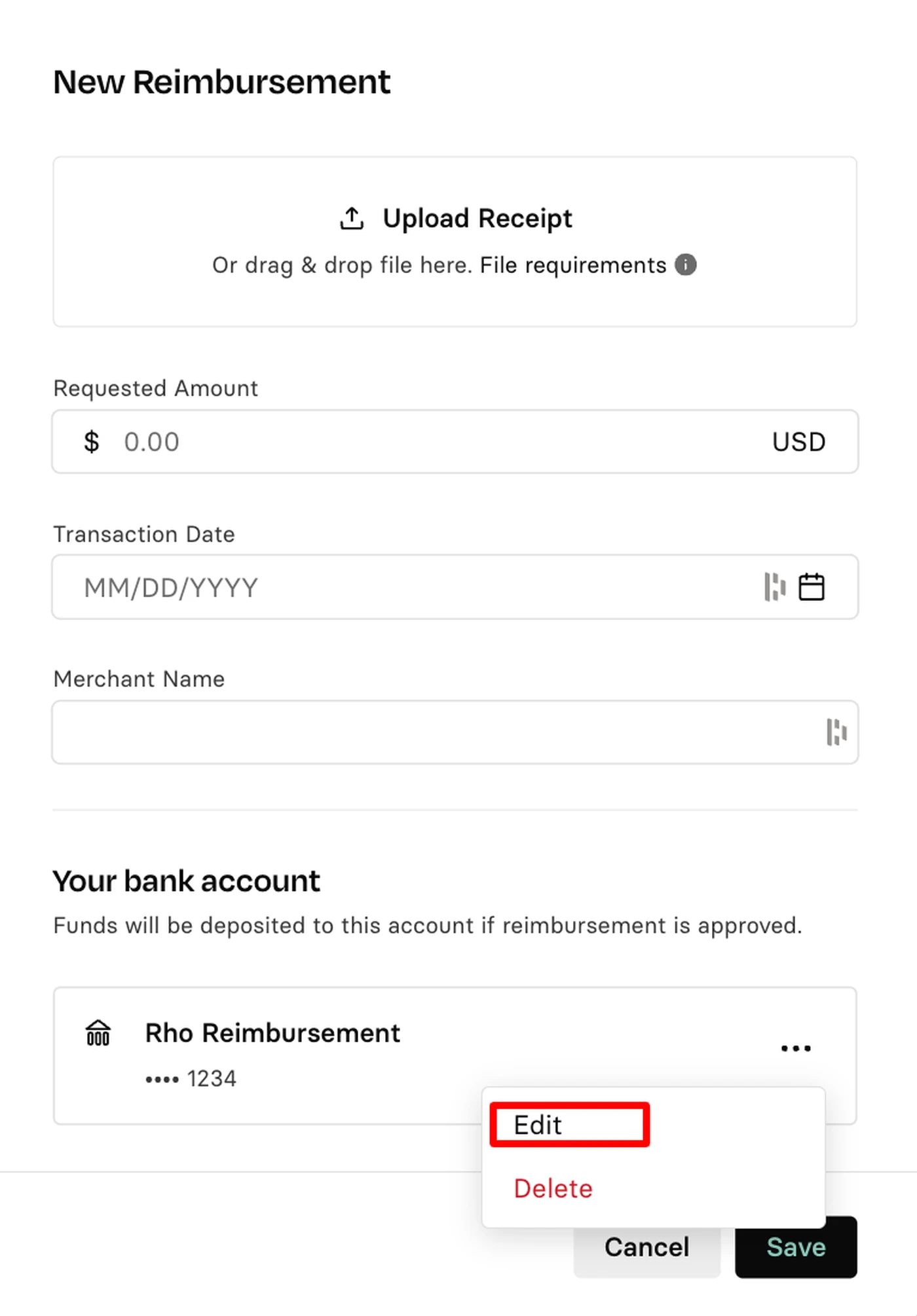 Reimbursement form with fields for amount, date, and merchant. Options to upload receipt, edit, or delete bank account details.