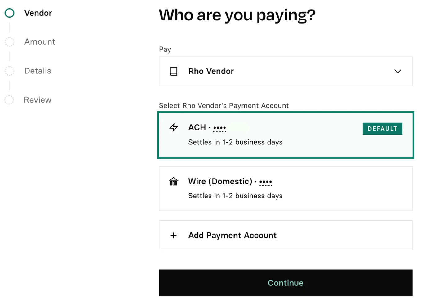 Payment selection screen showing options for ACH and Wire transfers, with ACH set as default. "Continue" button at the bottom.
