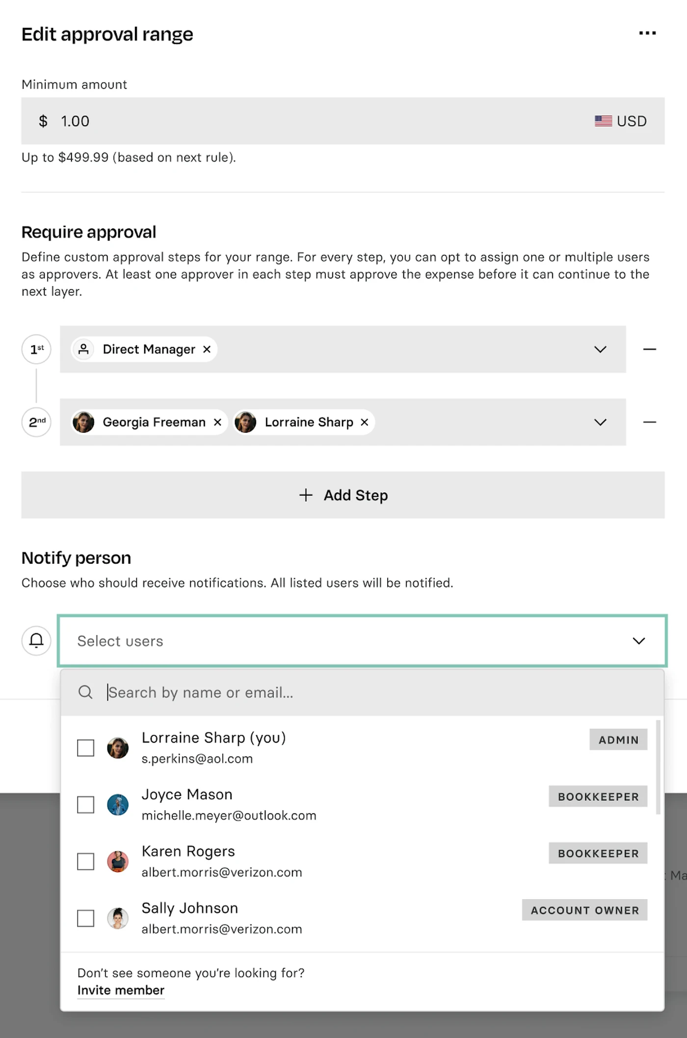 Screenshot of an approval workflow interface showing steps for approval, user roles, and options to notify specific users via email.