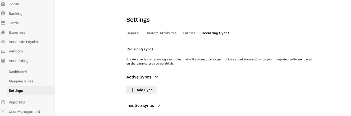 Settings page showing options for managing recurring syncs, with buttons for adding active syncs and viewing inactive syncs.