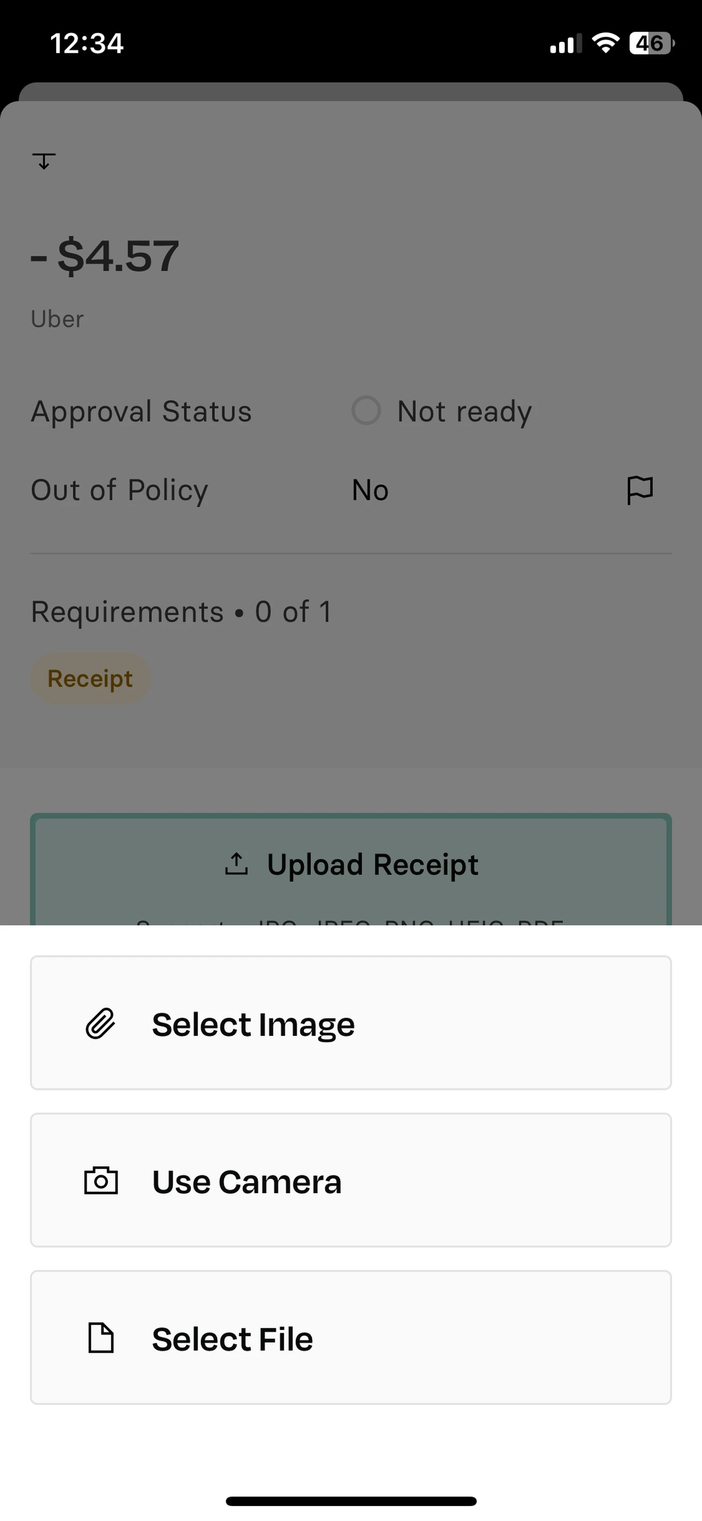 Mobile app interface showing a $4.57 Uber charge. Options include selecting an image, using the camera, or selecting a file to upload a receipt.