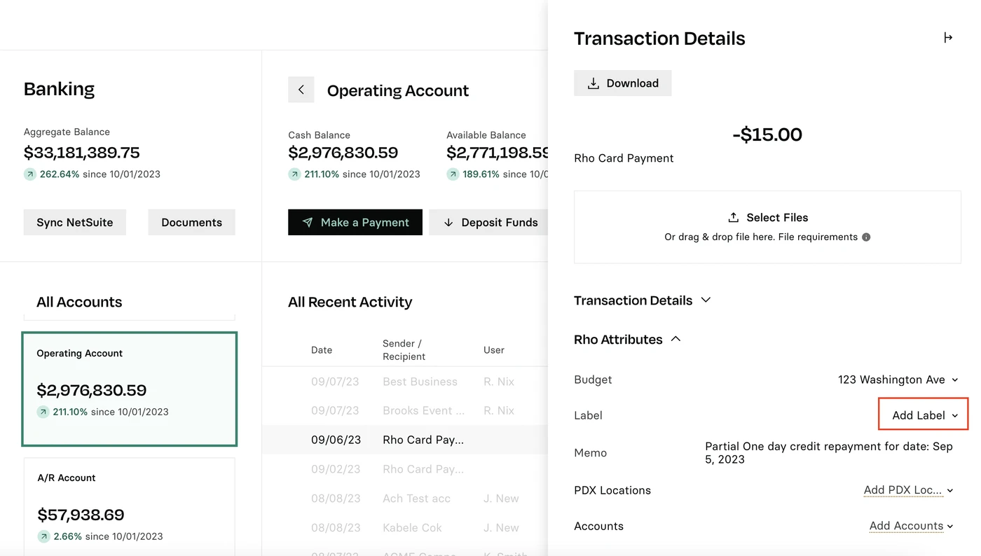 Financial dashboard showing banking details, account balances, and a transaction of -$15.00 labeled "Rho Card Payment."
