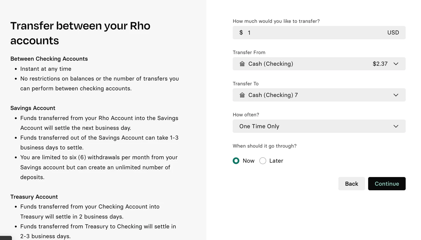 Screenshot of a banking interface for transferring funds between accounts, showing options for amount, source, destination, and timing.