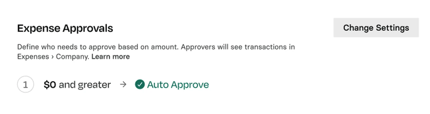 Expense approvals settings screen showing auto-approval for amounts $0 and greater, with a "Change Settings" button on the right.